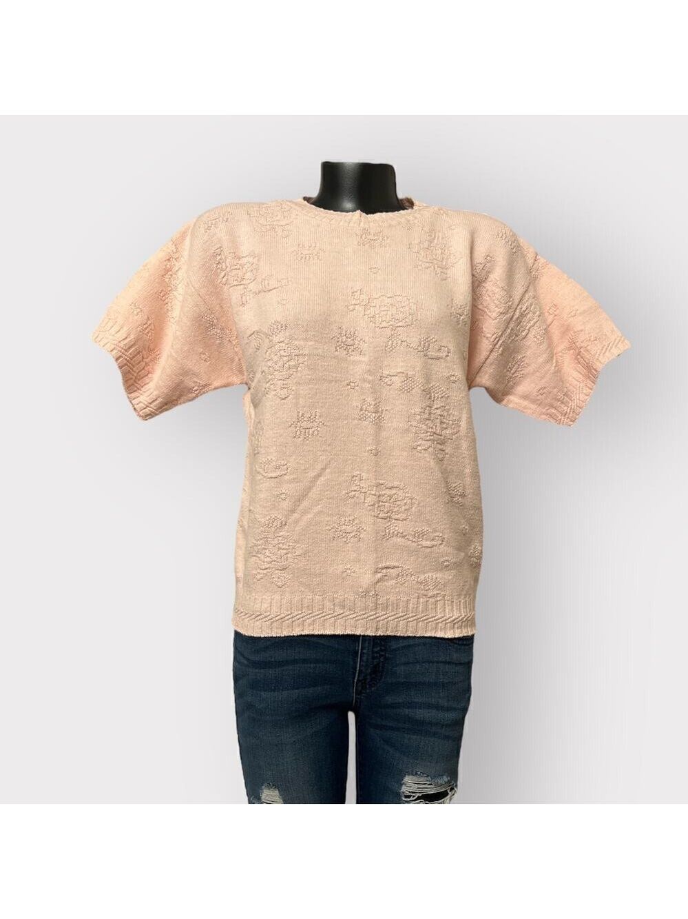 VTG 80s Fairy Kei NEW Short Sleeved Sweater USA Womens Floral sz PM Kawaii Peach